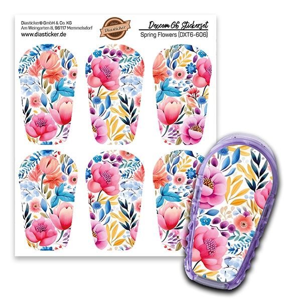 Aufkleber-Set mit floralem Muster. Enthält Aufkleber für Dexcom G6. Aufkleber und Gerät mit Blumenmuster.