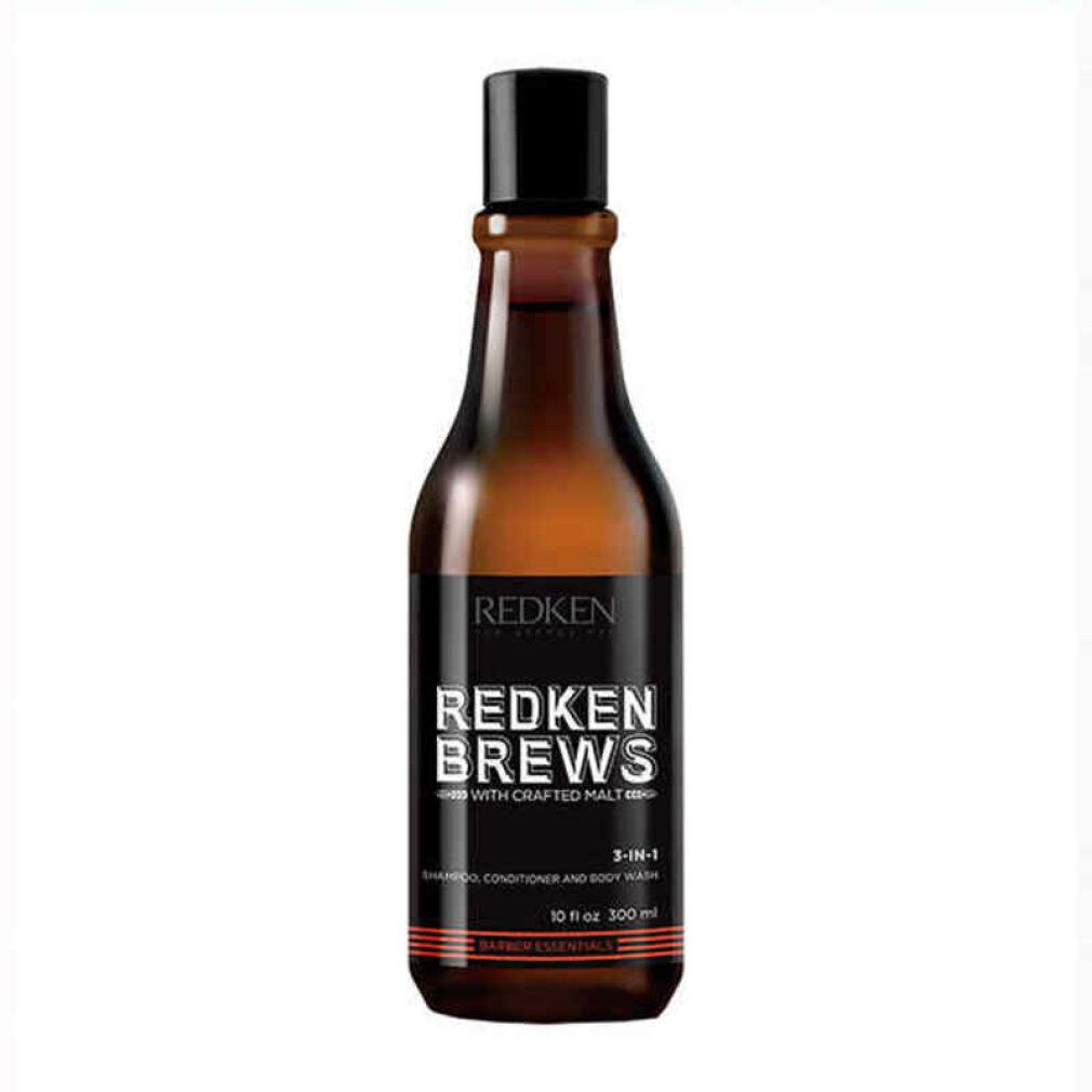 Braune Flasche mit schwarzem Deckel. Aufschrift: Redken Brews 3-in-1 Shampoo, Conditioner, Body Wash.