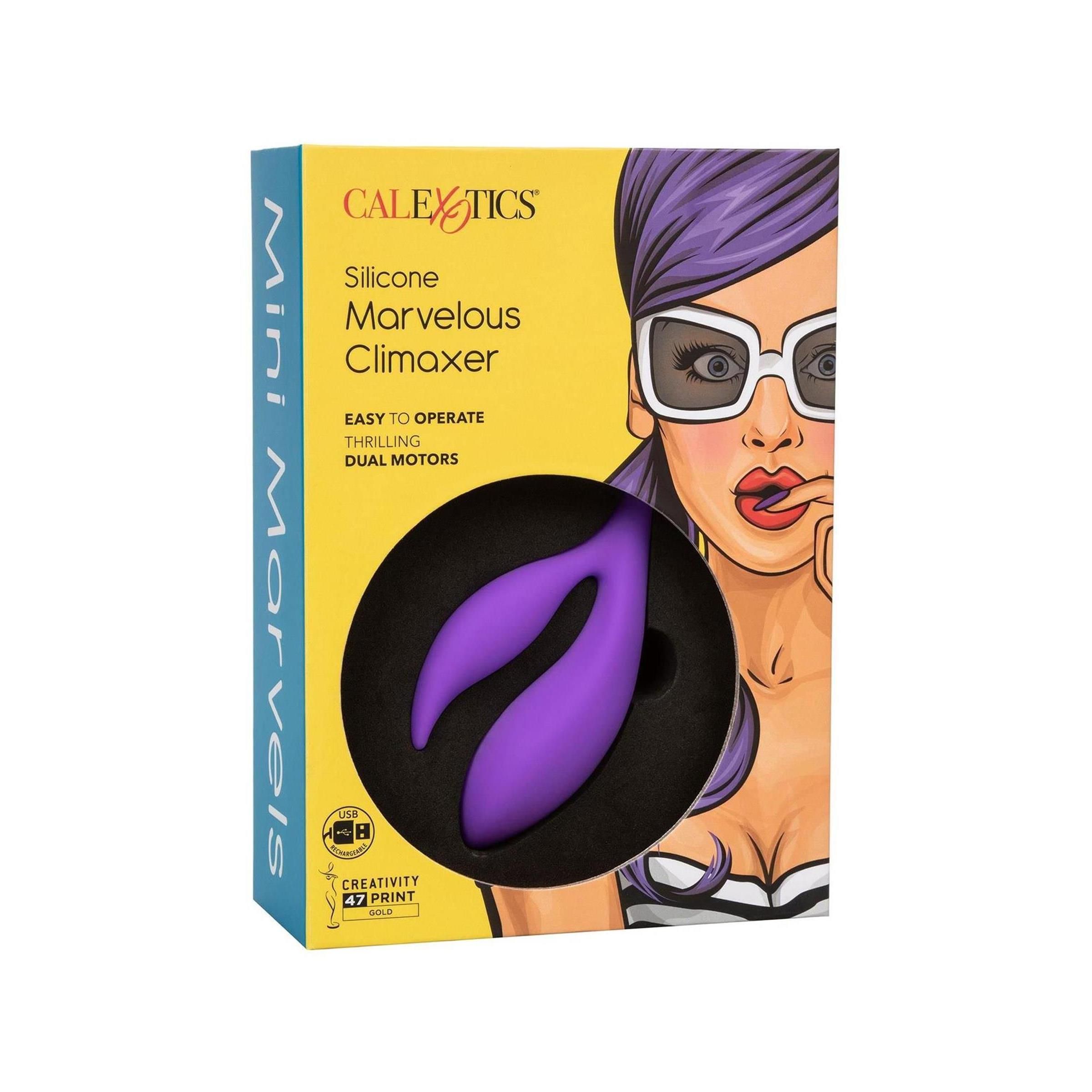 Verpackung mit Produkt. Aufschrift: Silicone Marvelous Climaxer. Abbildung einer Frau. Produkt in lila.
