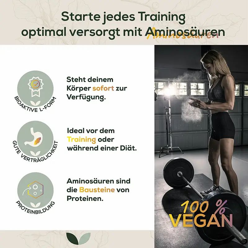 Frau trainiert mit Gewichten. Text: Starte jedes Training optimal versorgt mit Aminosäuren. BCAA-Flasche. 100% vegan.