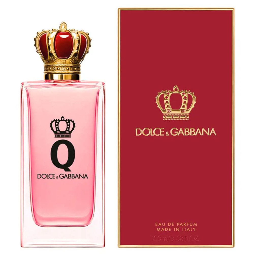 Q by Dolce&Gabbana Eau de Parfum. Rosa Flakon mit goldener Krone. Roter Karton mit Logo und Schriftzug.