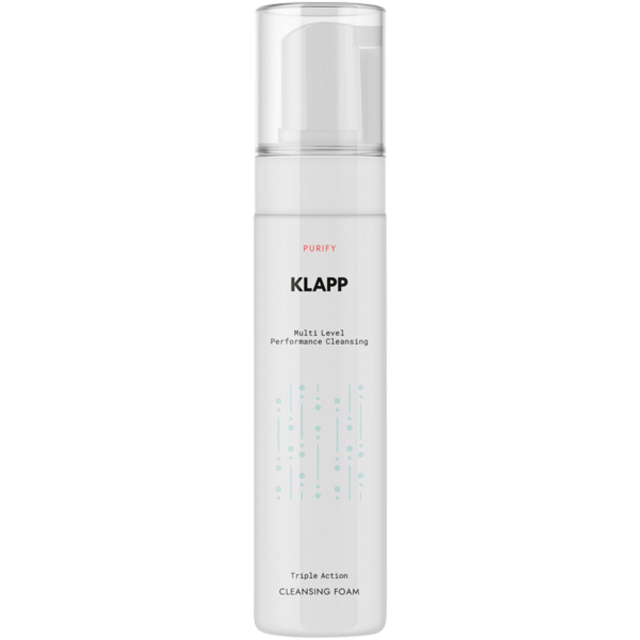 Klapp Cleansing Foam. Weiße Flasche mit Pumpverschluss. Text: PURIFY, KLAPP, Multi Level Performance Cleansing, Triple Action CLEANSING FOAM.