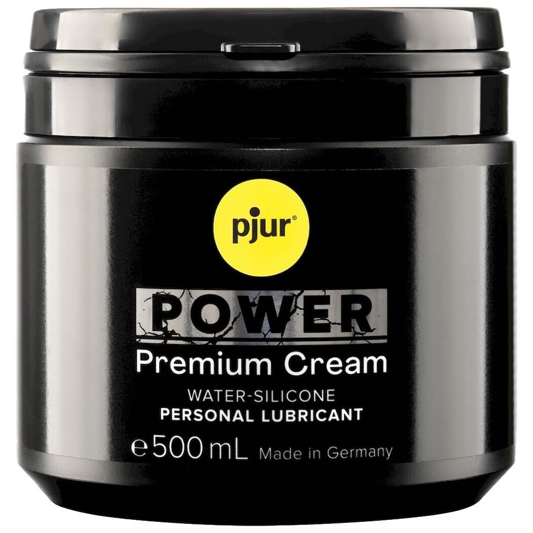 Schwarzer Tiegel mit Deckel. Aufschrift: pjur, POWER, Premium Cream, Wasser-Silikon, Personal Lubricant, e500 ml, Made in Germany.