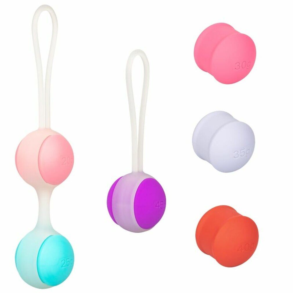 Kegel-Set mit Kugeln in verschiedenen Farben und Gewichten. Zwei Kugeln mit Schlaufen, drei einzelne Kugeln.