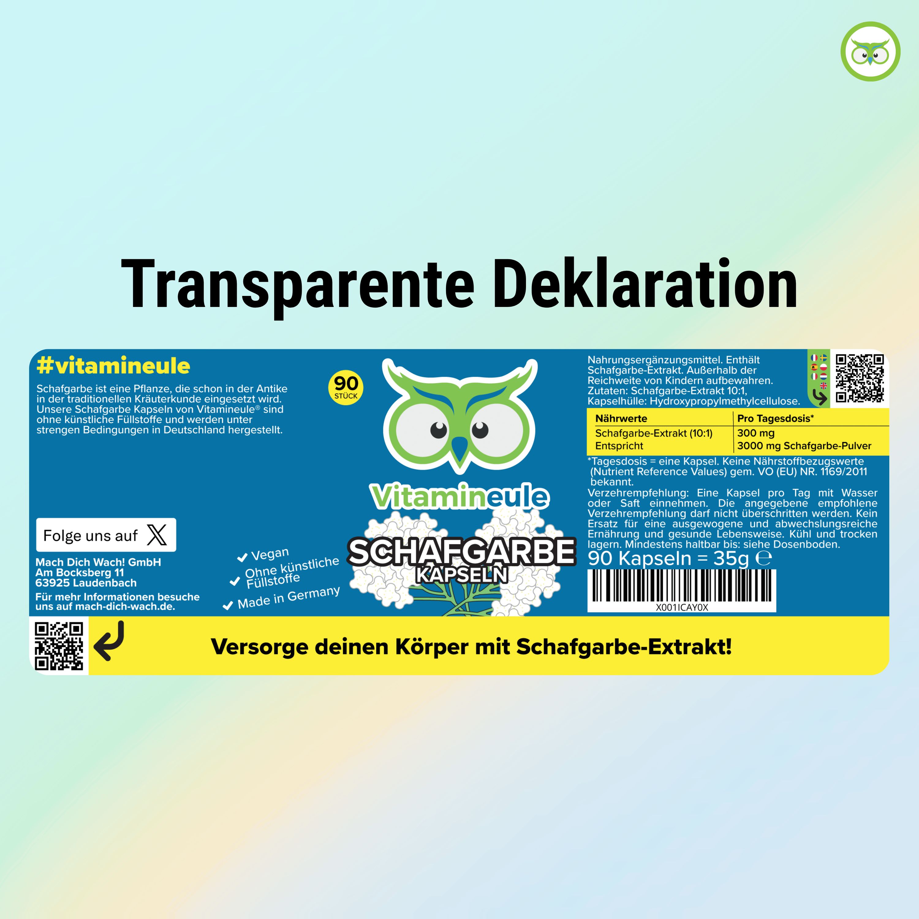 Blaues Etikett mit Produktinformationen. Enthält Schafgarbe-Extrakt. Nährwertangaben. 90 Kapseln. QR-Code und Text: Versorge deinen Körper mit Schafgarbe-Extrakt!