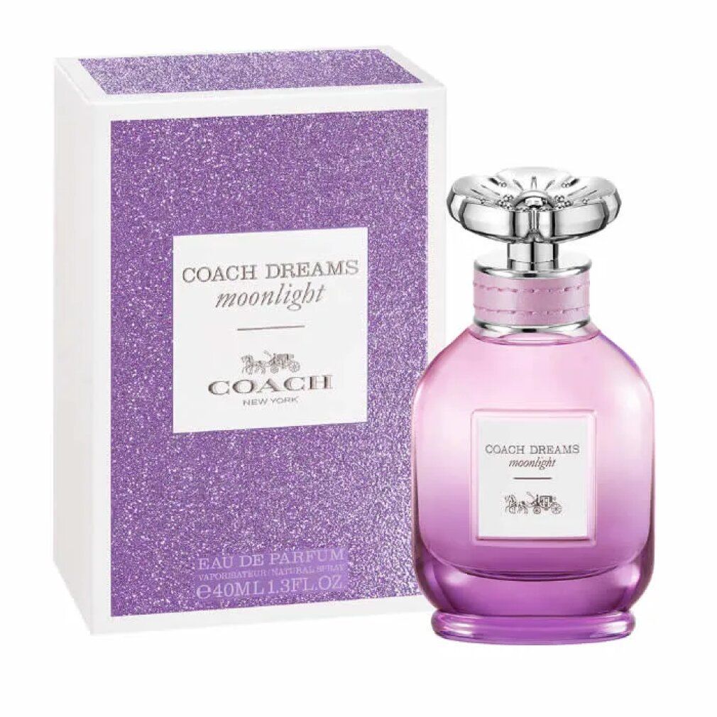 Coach Dreams Moonlight Flakon. Flakon mit silbernem Verschluss, rosa-lila Farbverlauf. Aufschrift auf dem Etikett.