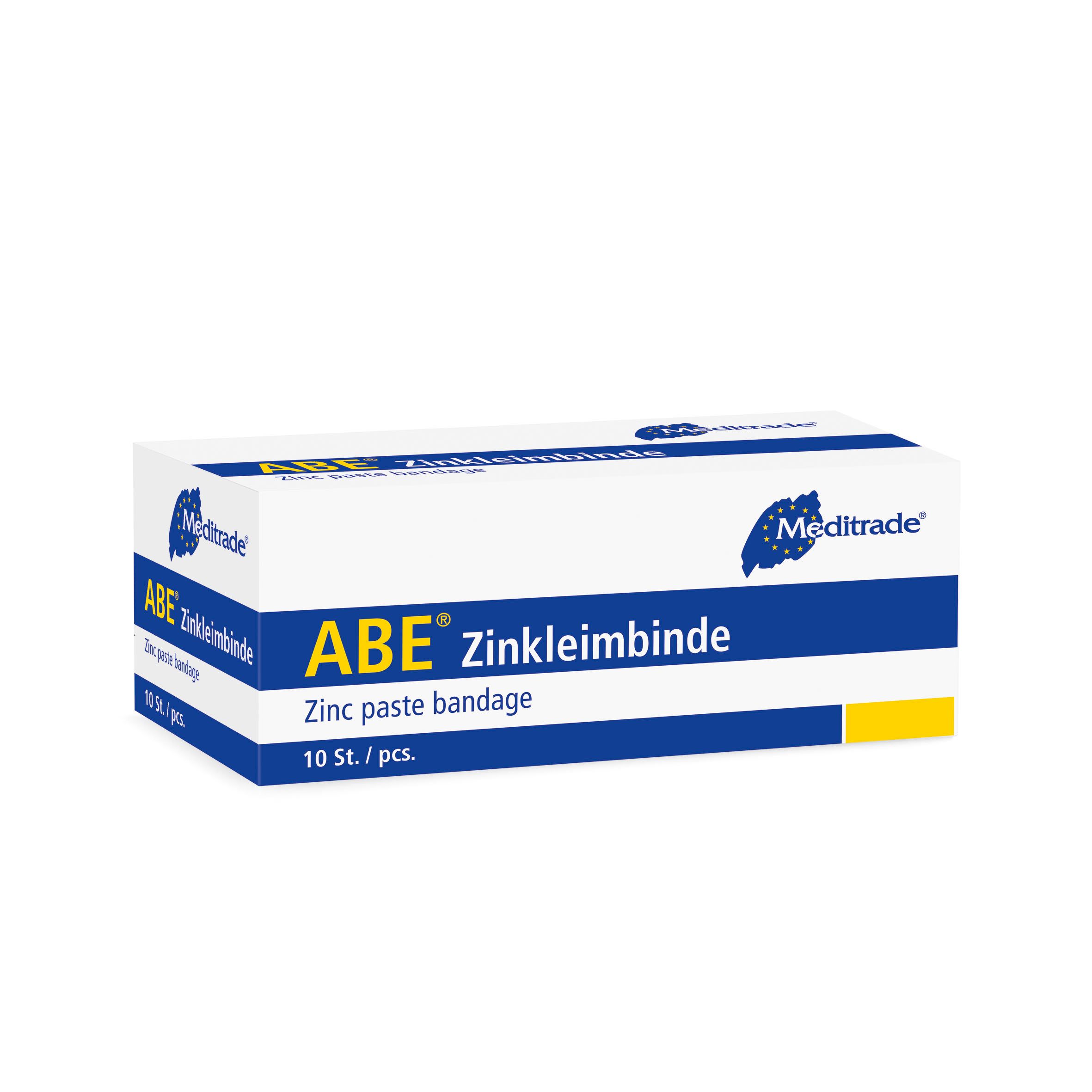 ABE® Zinkleimbinde-Packung. Weiße Schachtel mit blauen und gelben Akzenten. Text: ABE® Zinkleimbinde, 10 Stk.