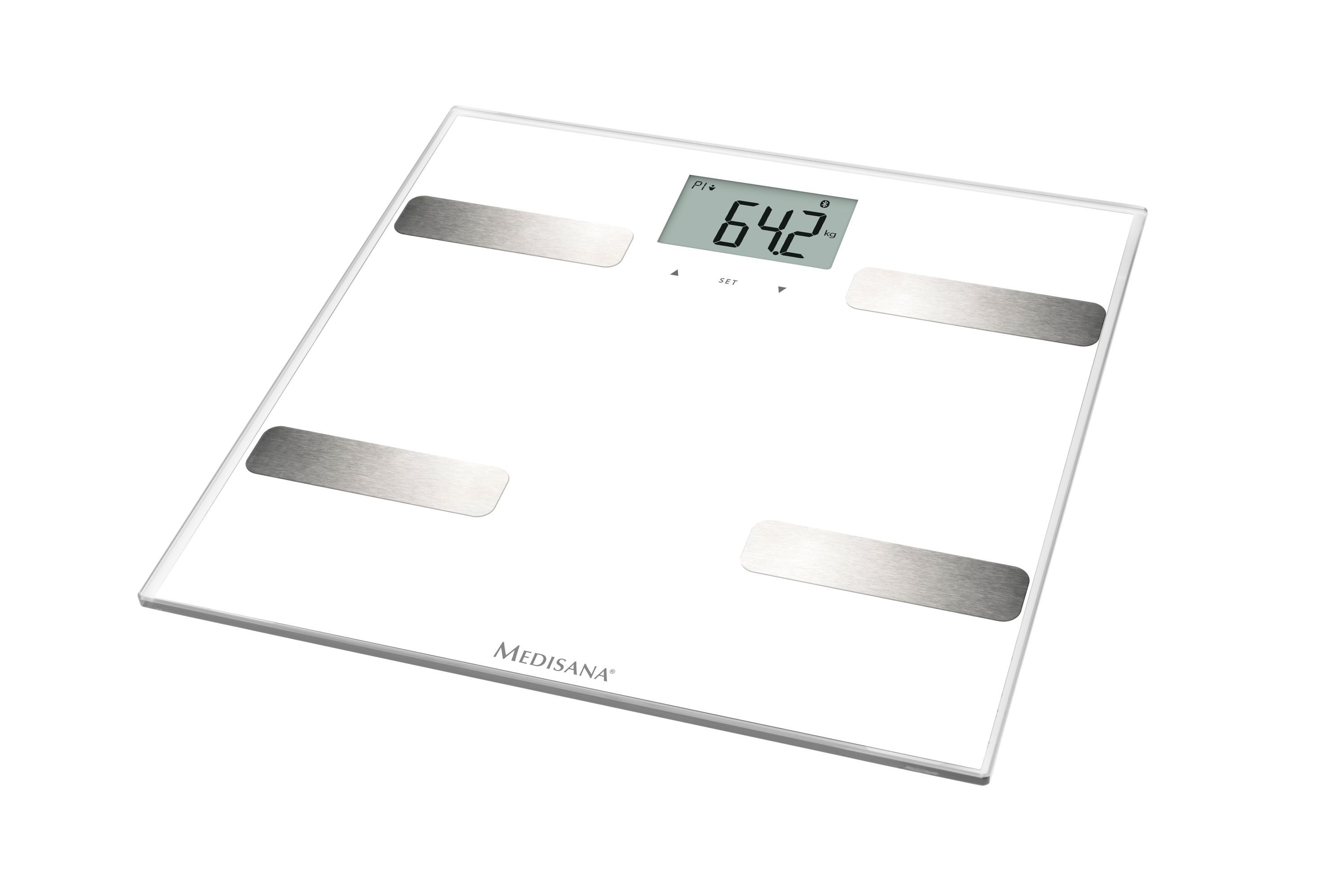 Weiße Körperanalysewaage mit digitaler Anzeige. Vier silberne Elektroden. Medisana-Logo.