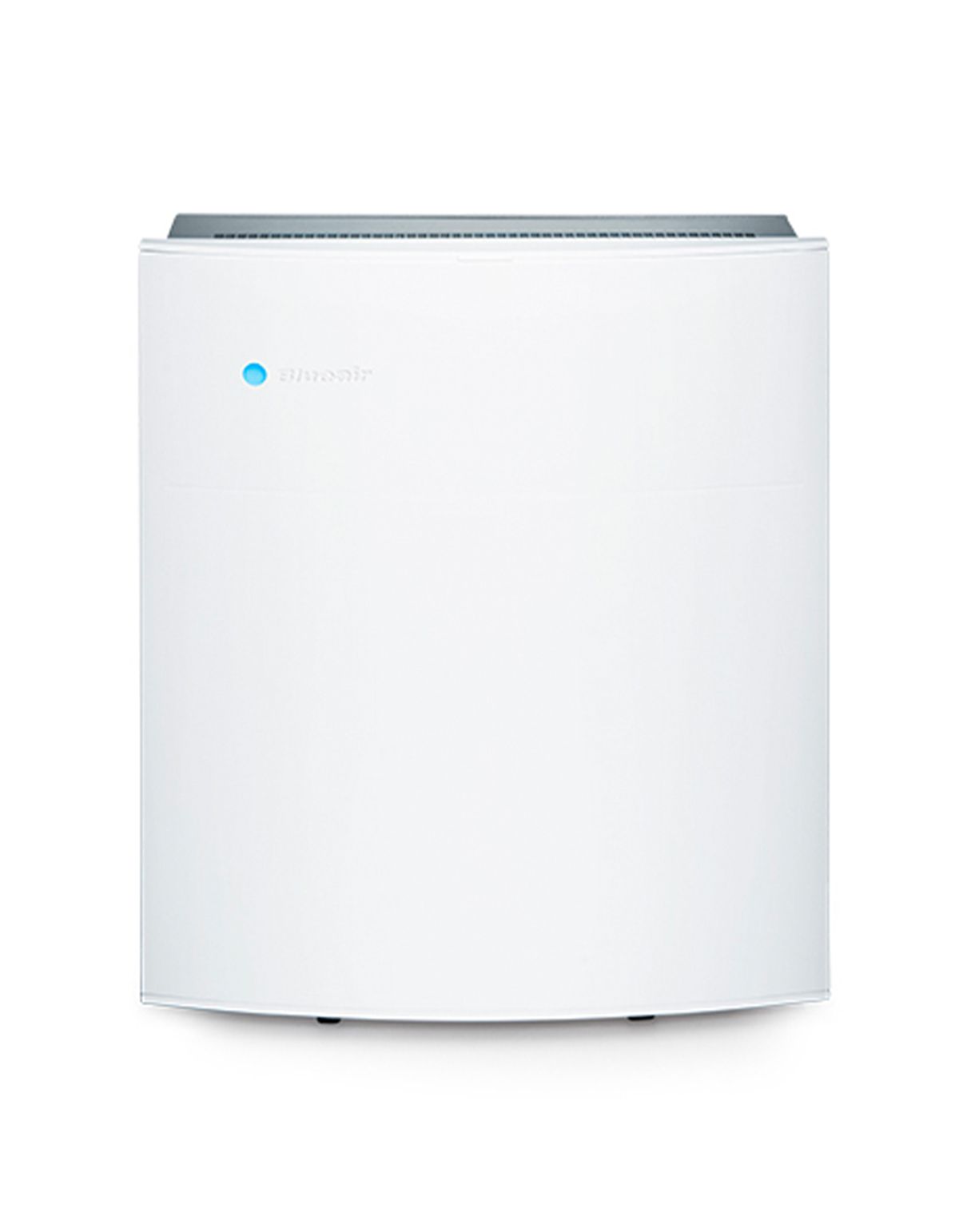 Weißer Luftreiniger mit abgerundeter Form. Oben ein grauer Streifen, blaue LED. Auf weißem Hintergrund.