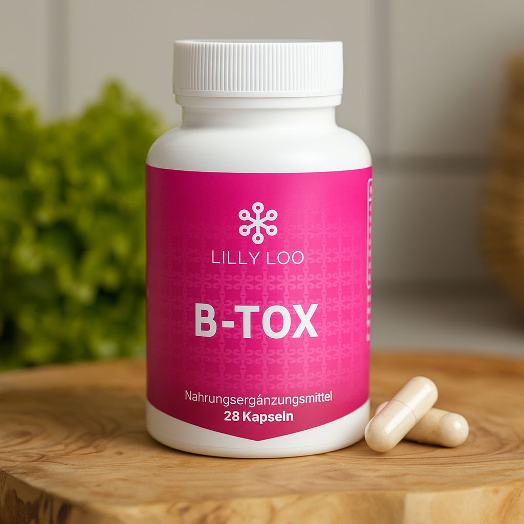 Weiße Flasche mit pinkfarbenem Etikett. Aufschrift: Lilly Loo, B-TOX, Nahrungsergänzungsmittel, 28 Kapseln. Zwei Kapseln daneben.