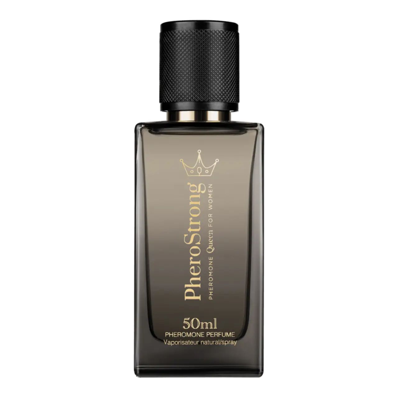 Flakon mit schwarzem Deckel. Aufschrift PheroStrong, Pheromone Queen for Women, 50ml. Schwarzer Hintergrund.