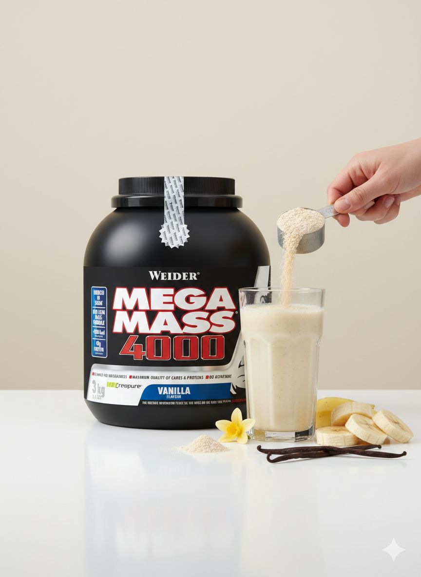 Weider Mega Mass 4000 Vanillegeschmack. Pulver wird in ein Glas mit Bananenstücken geschüttet.
