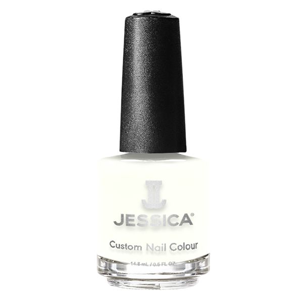 Weißer Nagellackflakon mit schwarzem Deckel. Aufschrift: JESSICA Custom Nail Colour. Volumen: 14.8 ml / 0.5 fl oz.