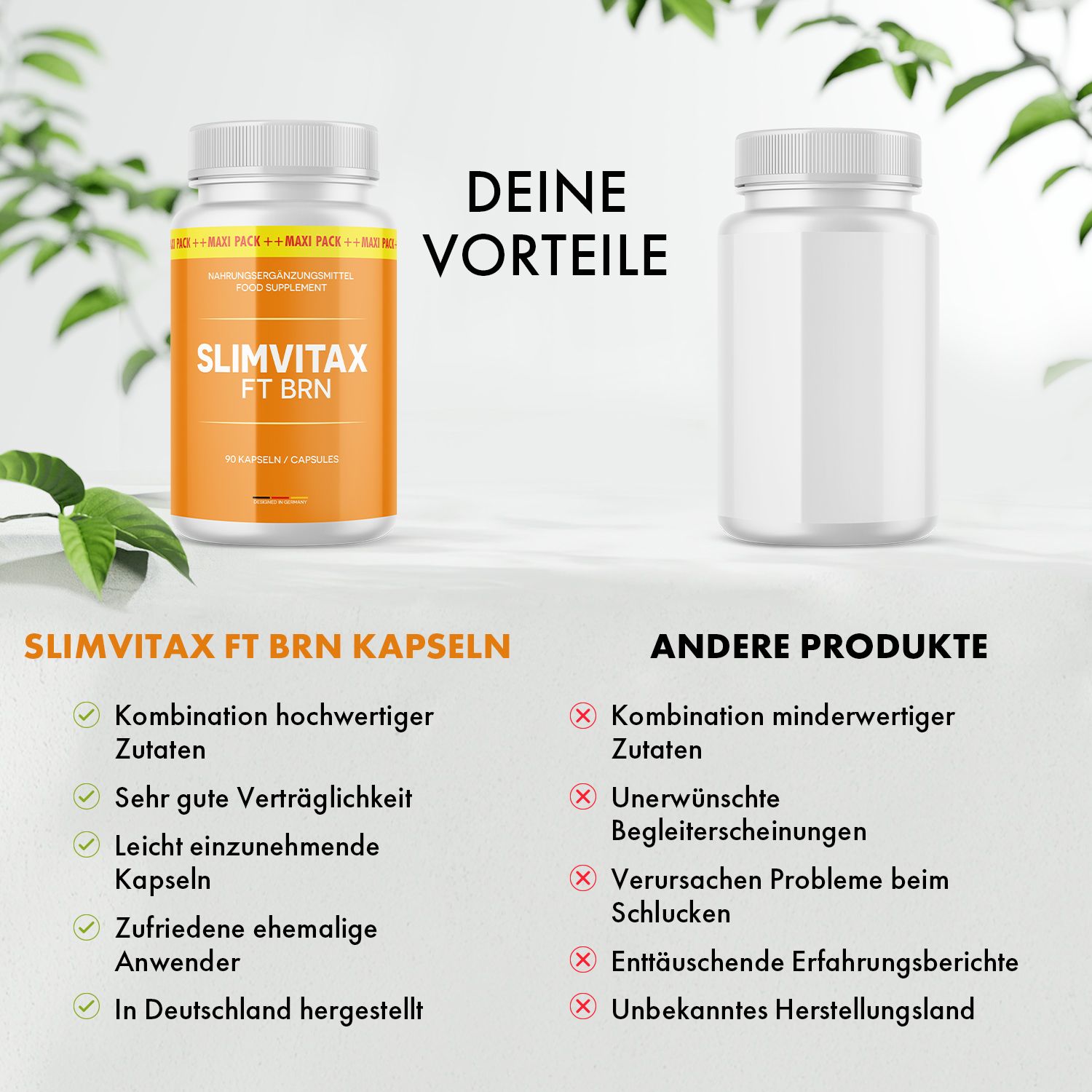 Vergleich von Slimvitax FT BRN Kapseln mit 'anderen Produkten'. Vorteile aufgelistet.