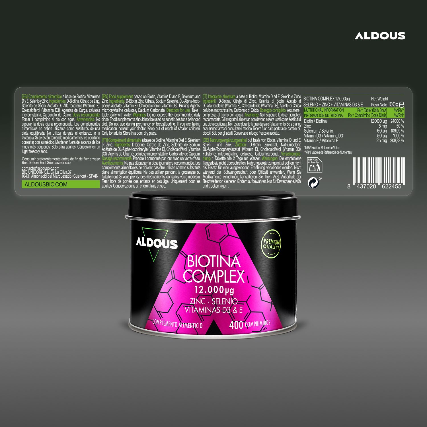 Dose Aldous Biotin Complex mit Etikett. Enthält 12.000 µg Biotin, Zink, Selen, Vitamin D3 & E. 400 Tabletten. Zusätzliche Produktinformationen.