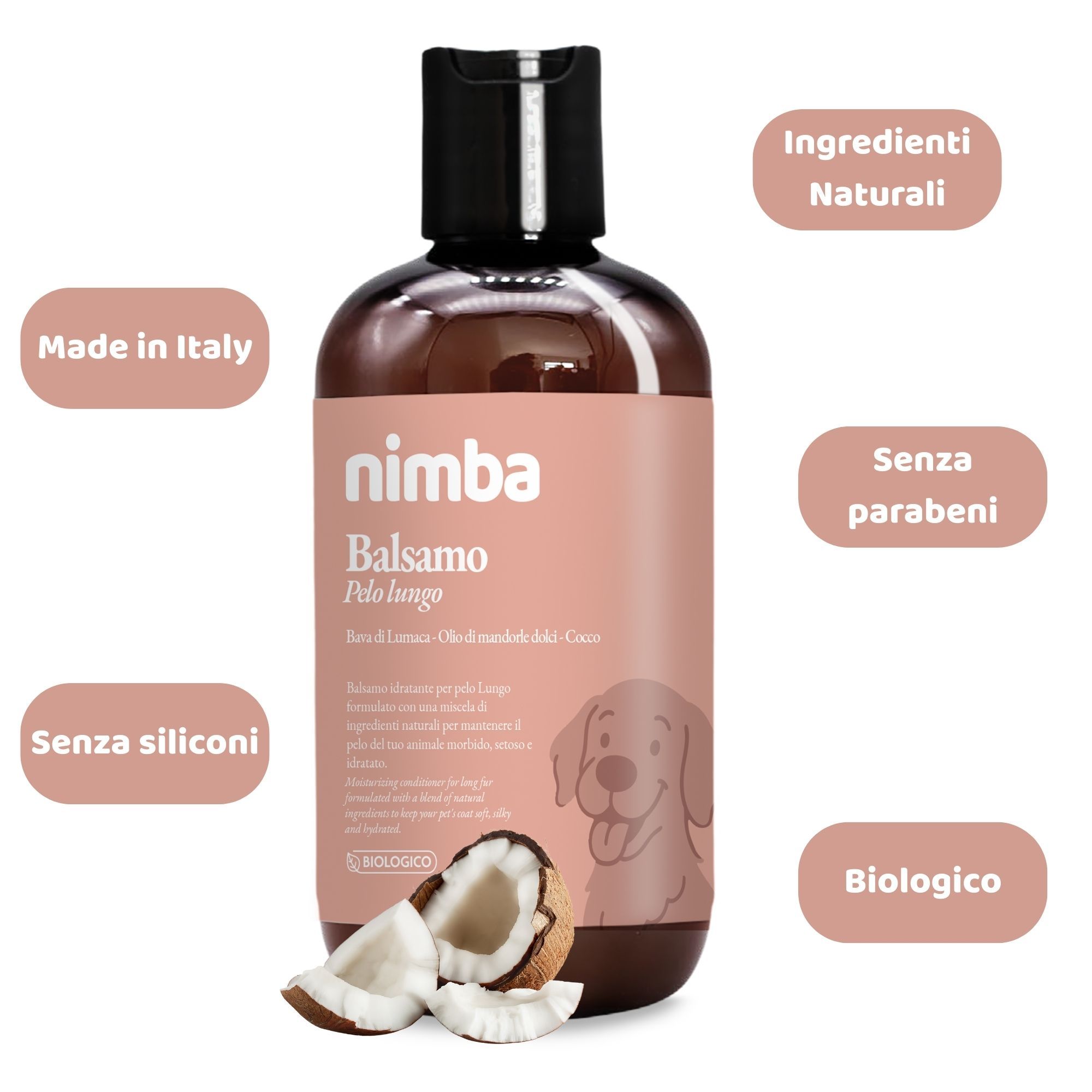 Produktflasche mit Etikett. Zusätzliche Etiketten: Made in Italy, Ohne Silikone, Ohne Parabene, Biologisch, Natürliche Inhaltsstoffe.