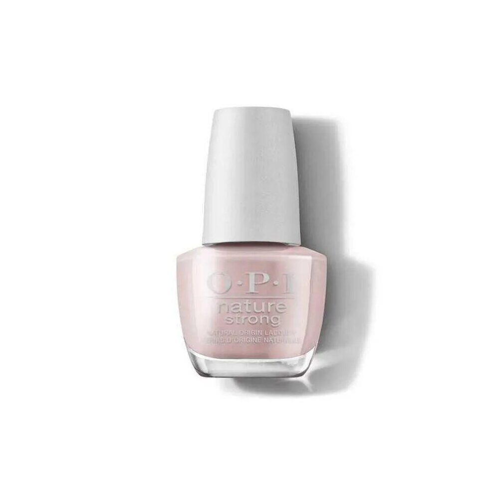 Nagellackflasche mit rosafarbenem Inhalt und weißem Deckel. OPI Nature Strong-Logo.