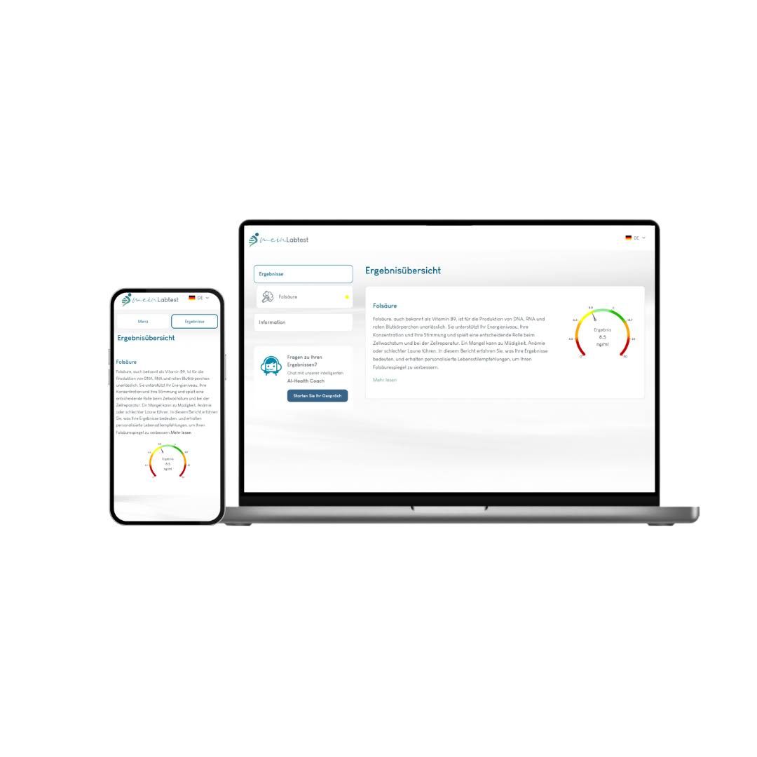 Laptop und Smartphone mit Testergebnissen. Ergebnisse auf dem Bildschirm. Meinlabtest-Logo sichtbar.