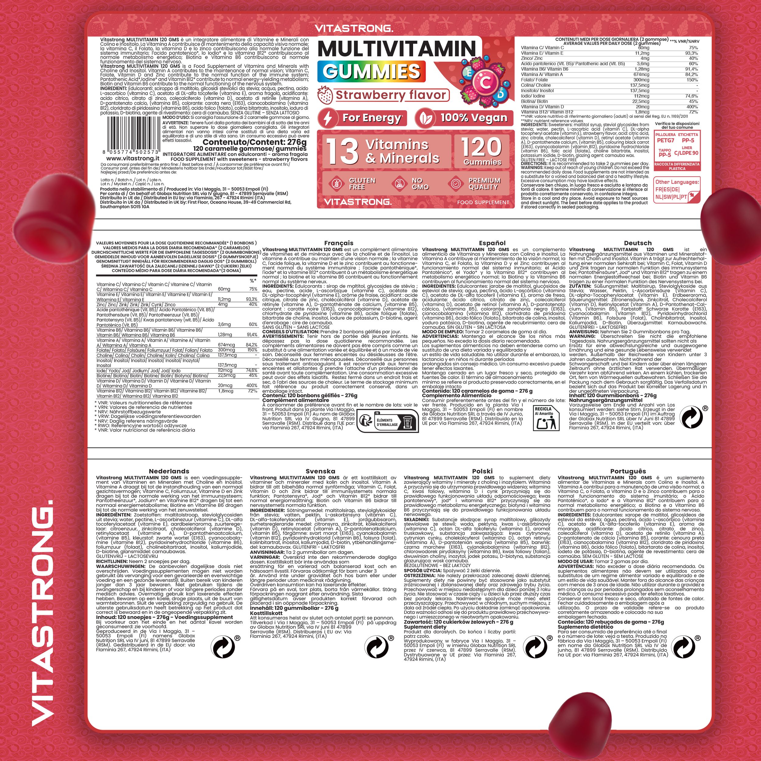 Rückseite der Vitastrong Multivitamin Gummibärchen Verpackung. Enthält Informationen in verschiedenen Sprachen, Nährwertangaben und Inhaltsstoffe.