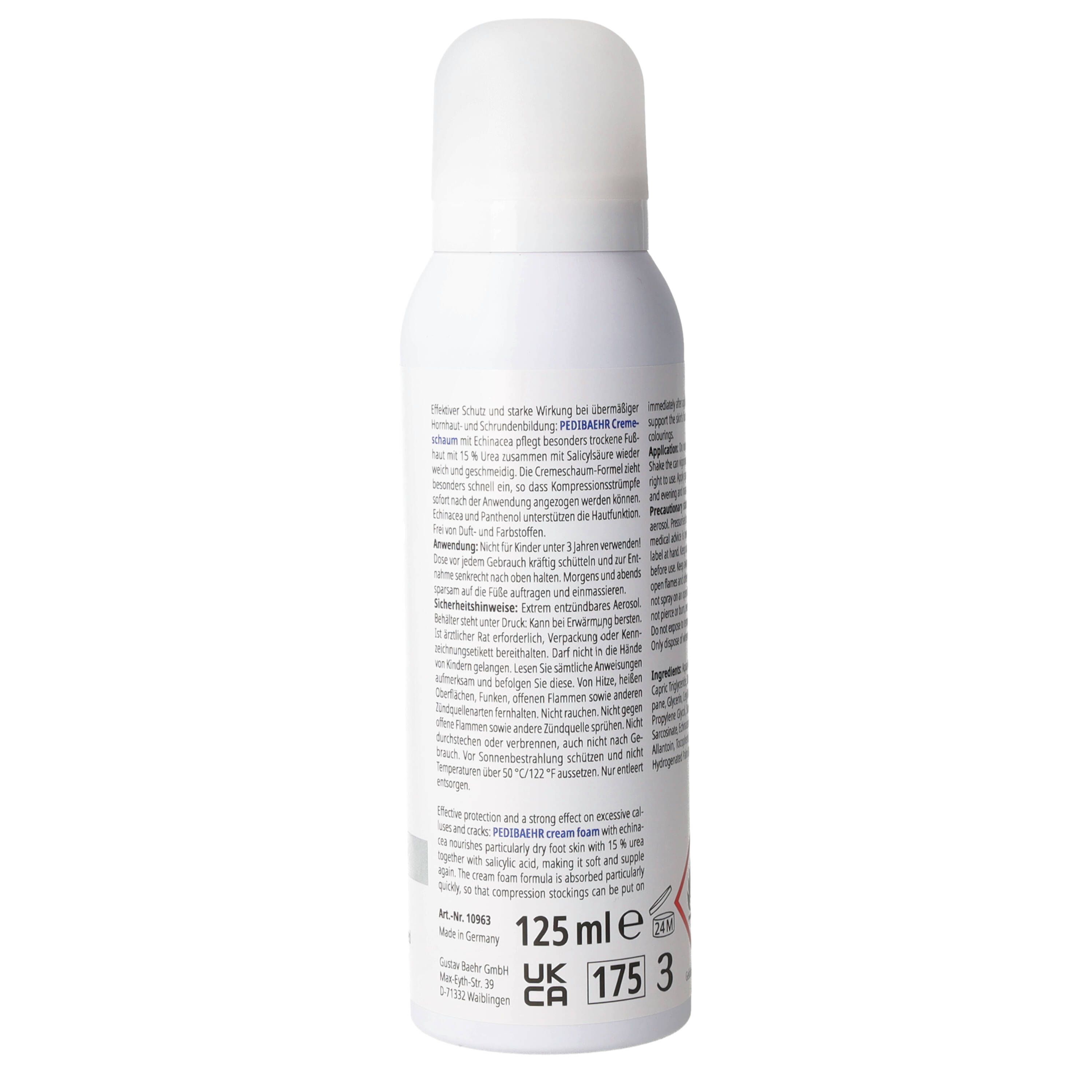 Rückseite der Pedibaehr Schrunden Cremeschaum Dose mit Anwendungshinweisen und 125 ml Angabe.
