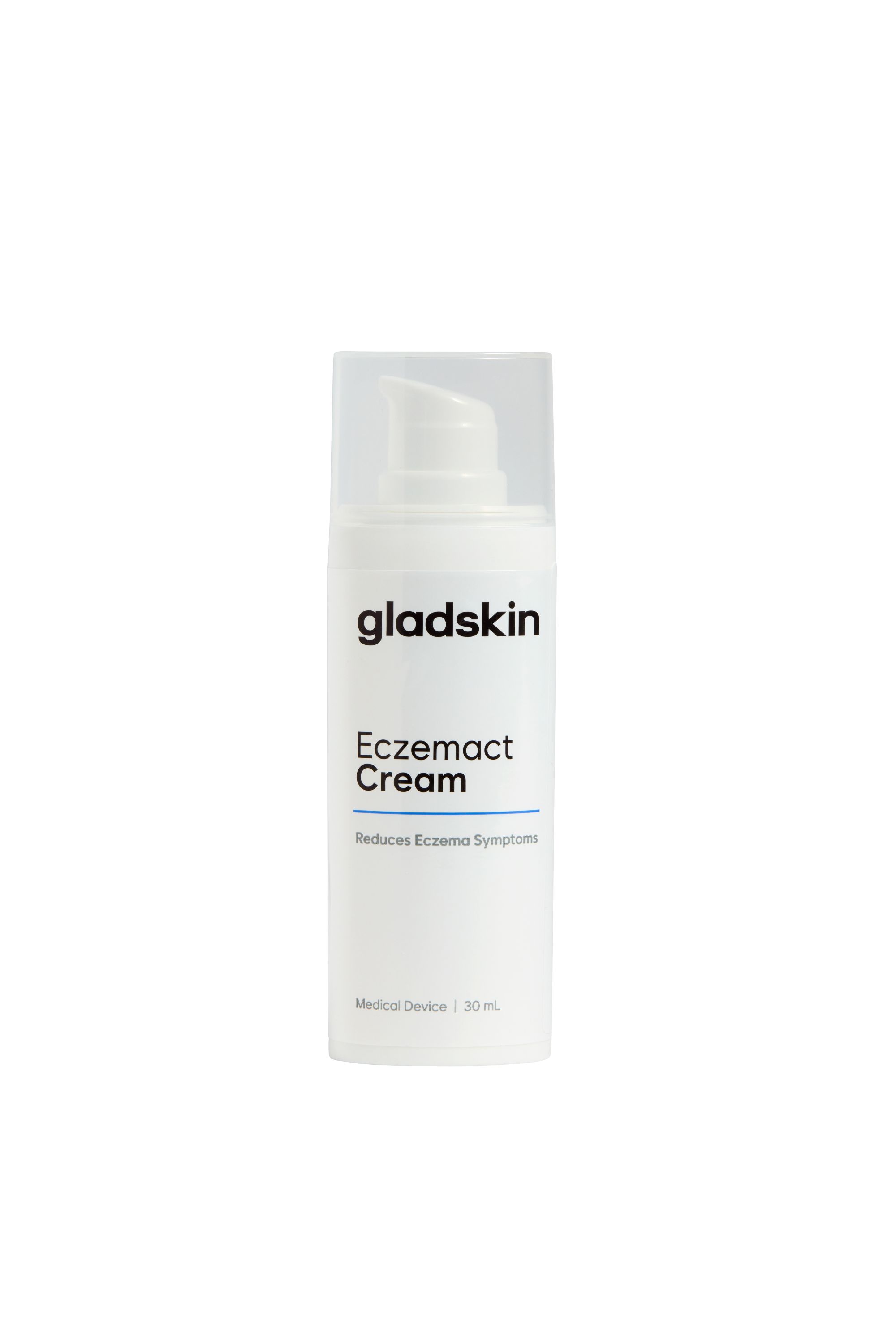 Weiße Flasche mit Pumpverschluss. Aufschrift: Gladskin Eczemact Cream. Reduziert Ekzemsymptome. Medizinprodukt. 30 ml.