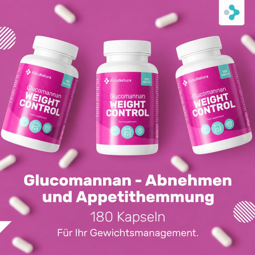 Drei Flaschen FutuNatura Glucomannan Weight Control, 180 Kapseln. "Zorg voor een gezonde stofwisseling."
