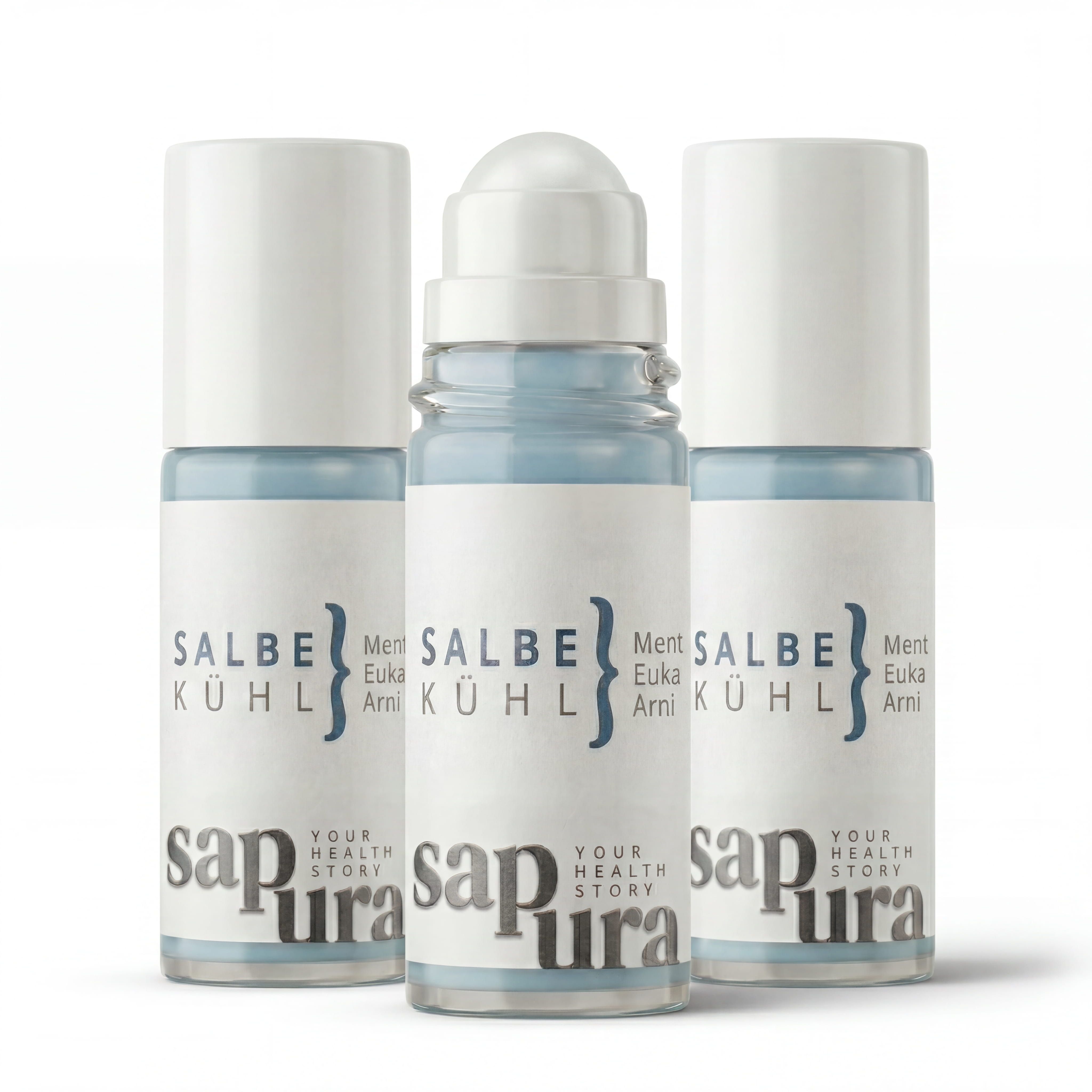 Drei sapura health® Kühlgel Roll-On Flaschen nebeneinander.