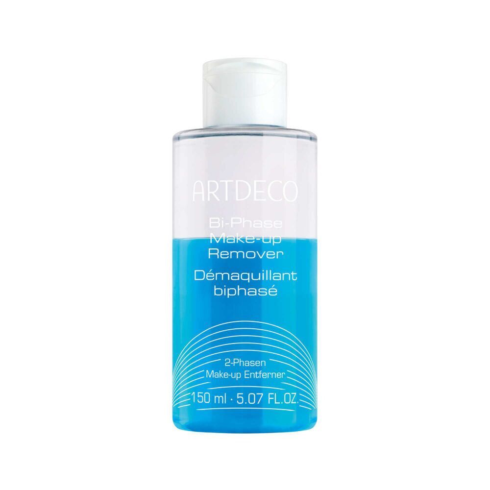 Artdeco Bi-Phase Make-up Remover. Transparente Flasche mit blauem Inhalt. Weißer Deckel. Produktbezeichnung und Volumenangabe.