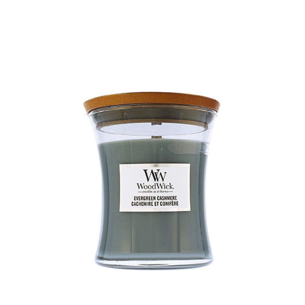 Glasbehälter mit Holzdeckel. Etikett mit Text. WW-Logo. Evergreen Cashmere. Cèdre et Conifère.