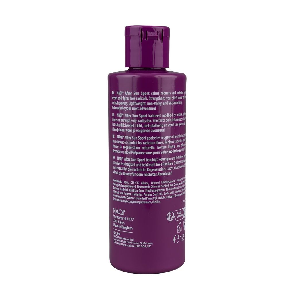 Rückseite der NAQI After Sun Sport Flasche mit Produktinformationen.