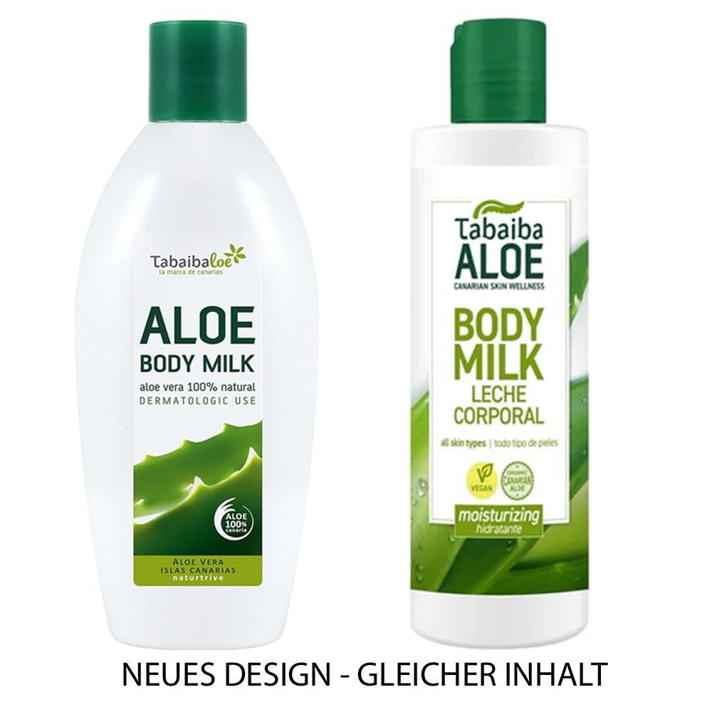 Zwei Flaschen Tabaibaloe Body Milk mit Aloe Vera. Eine Flasche mit neuem Design, die andere mit älterem Design.