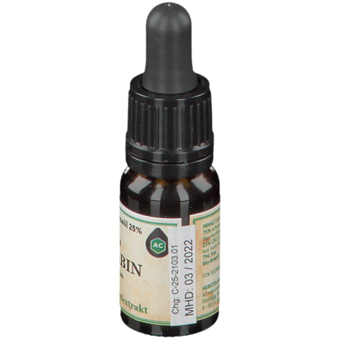 Braune Glasflasche mit schwarzem Tropfer. Etikett mit "original CANNABIN 25 %", Chargennummer und MHD.