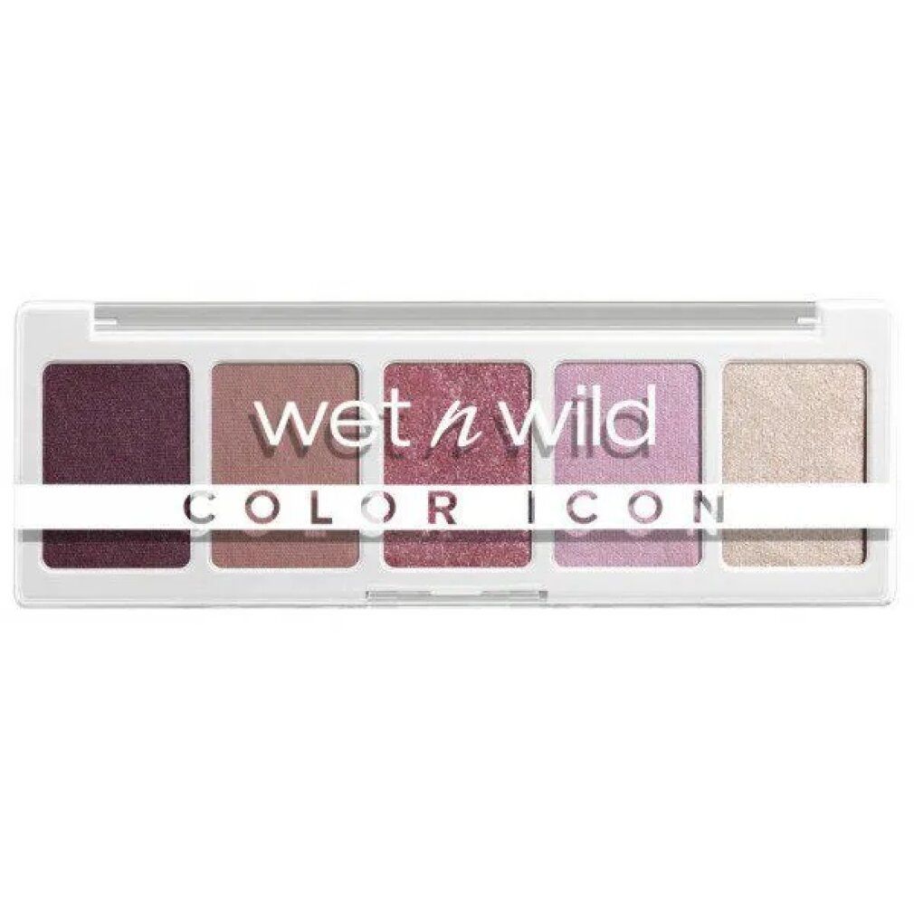 Lidschatten-Palette mit fünf Farbtönen. Weißes Gehäuse mit Produktnamen. Farben: Pflaume, Rosa, Rot, Lila, Champagner.