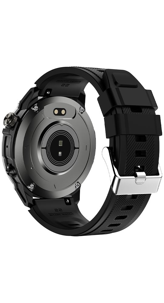 Rückseite einer schwarzen Smartwatch. Sensor in der Mitte. Schwarzes Armband mit silberner Schnalle.