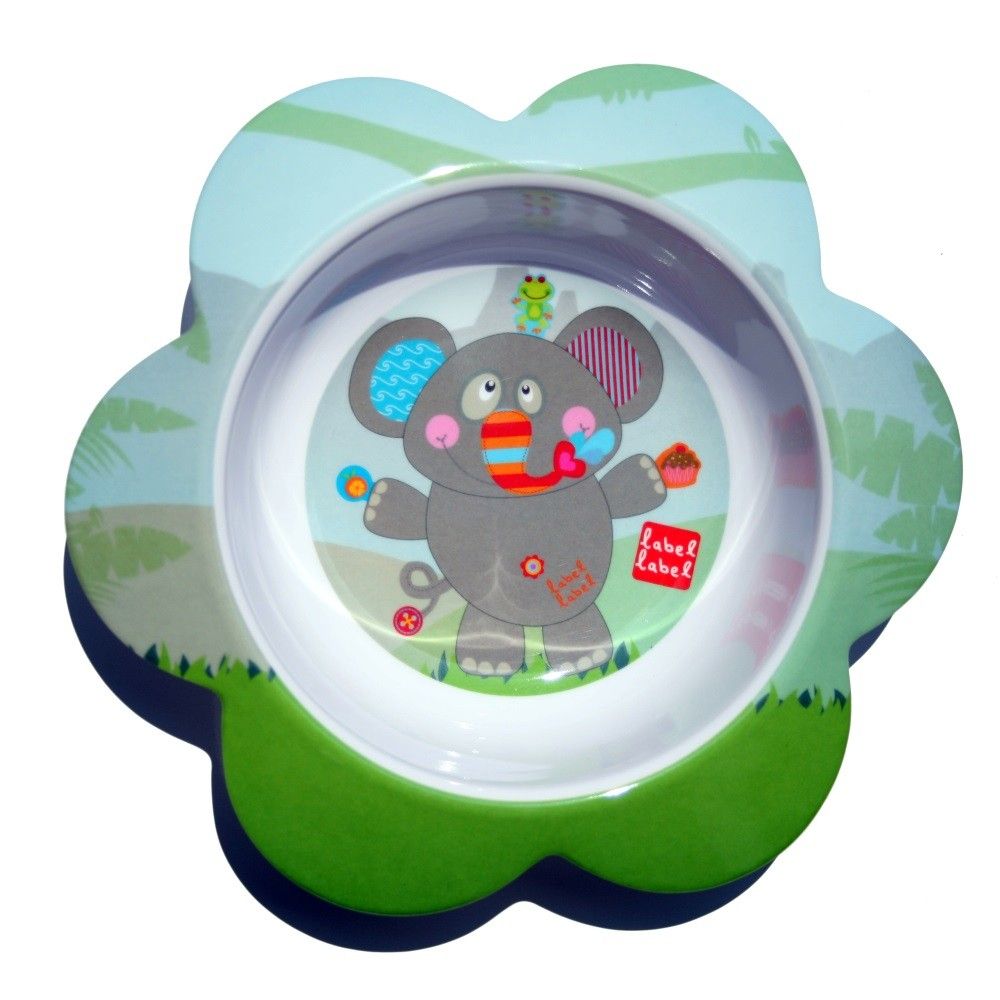 Blumenförmige Schale mit Elefanten-Illustration. Grün-blaues Design, weißer Innenraum. Label-Label-Logo.