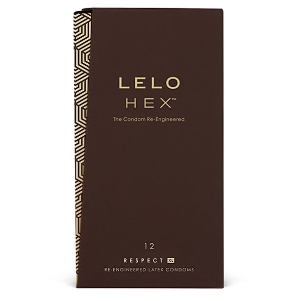 Braune Verpackung mit goldfarbenem Hexagon-Muster. Aufschrift: LELO HEX, RESPECT XL, 12 Stück.