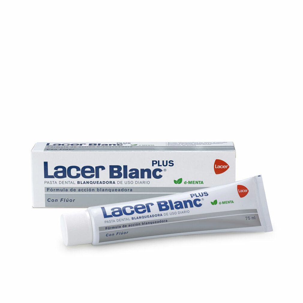 Zahnpasta-Tube und -Schachtel. Aufschrift: Lacer Blanc Plus, e-Menta, Con Flúor. Tube: 75 ml.