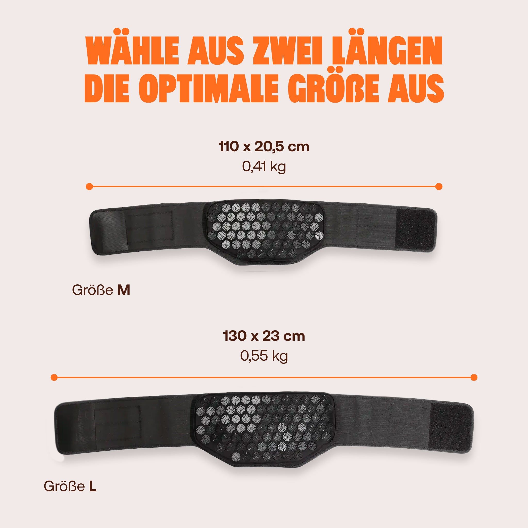 Zwei schwarze Akupressur-Gürtel in verschiedenen Größen (M und L) mit Abmessungen und Gewichten.