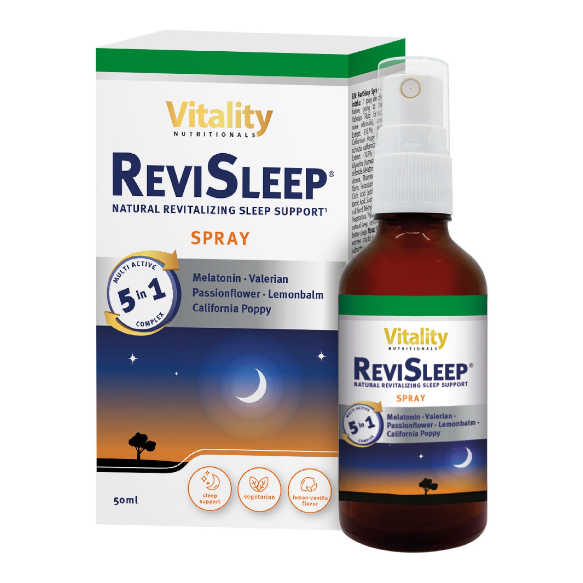Vitality Nutritionals ReviSleep Spray. Braune Flasche mit Sprühkopf und Verpackung. Aufschrift: ReviSleep, 5 in 1, Melatonin, etc.
