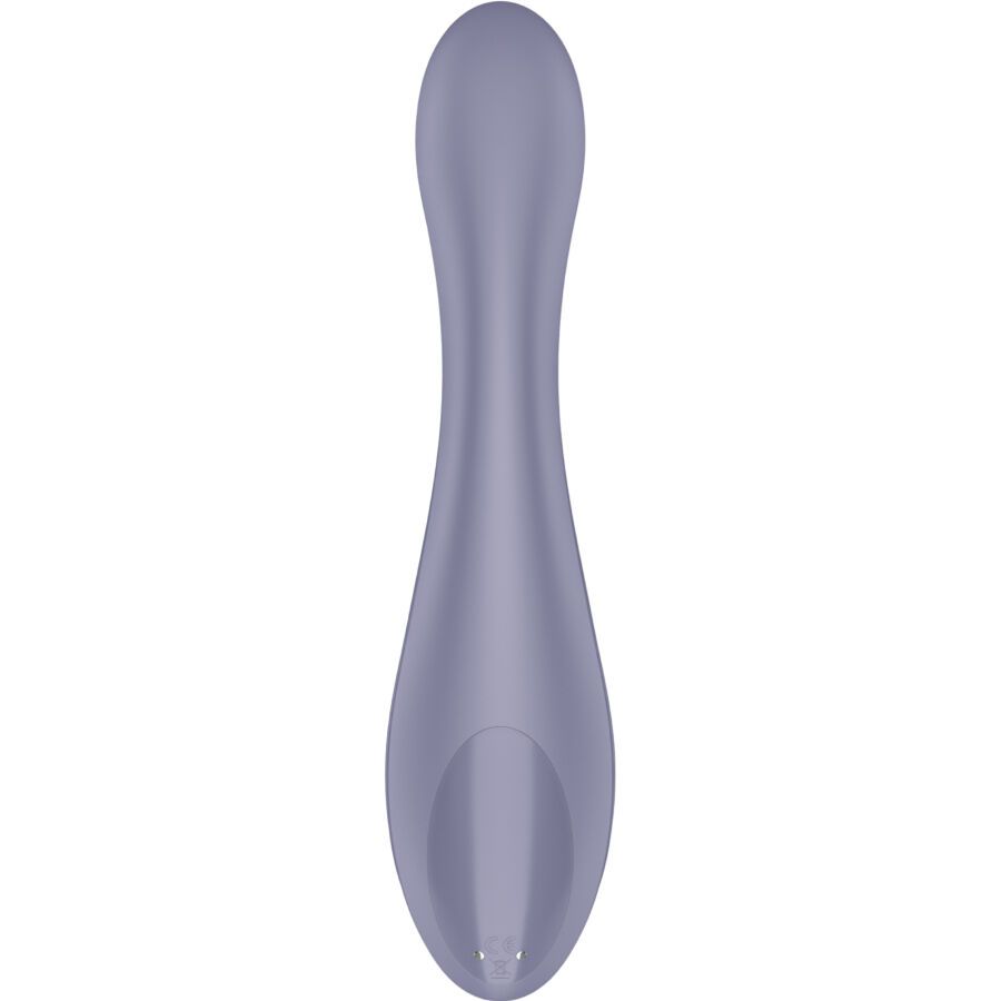 Lila Vibrator mit länglicher Form. Ovale Öffnung am Ende. Glatte Oberfläche.