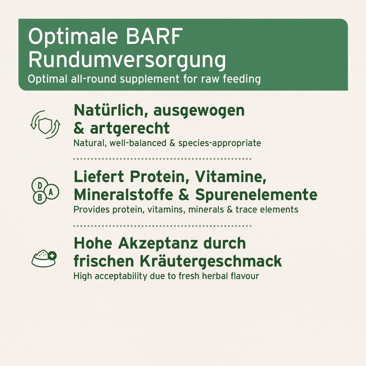 Text auf grünem Hintergrund: Optimale BARF Rundumversorgung. Liefert Protein, Vitamine, Mineralstoffe & Spurenelemente. Hohe Akzeptanz.