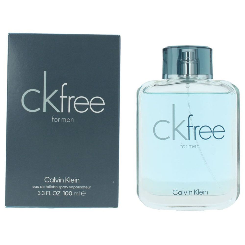 Flakon und Verpackung von Calvin Klein CK Free. Rechteckiger Flakon mit blauem Inhalt und silbernem Verschluss. Graue Verpackung.