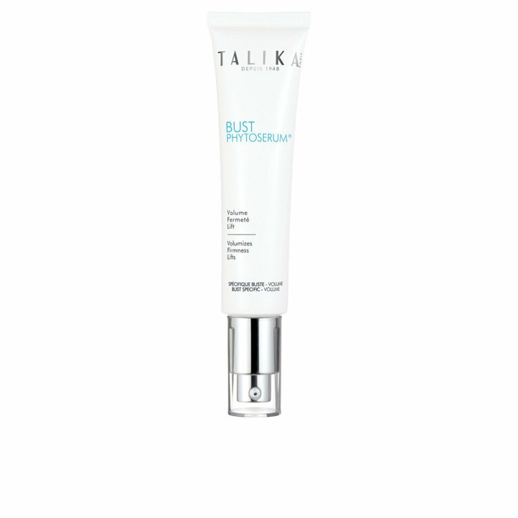 Weißer Tubenbehälter mit silberfarbenem Verschluss. Aufschrift: BUST PHYTOSERUM, Volume, Fermeté, Lift. Marke: TALIKA.
