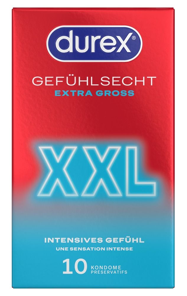 Vorderseite einer Durex Gefühlsecht Extra Groß XXL Kondompackung.