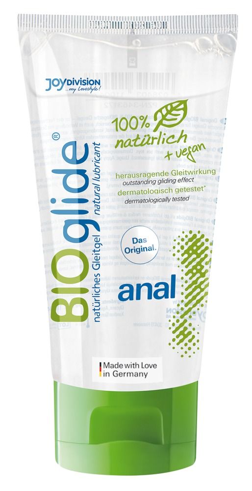 Tube mit transparentem Gel und grünem Verschluss. Aufschrift BIOglide, anal. Text und Logo.