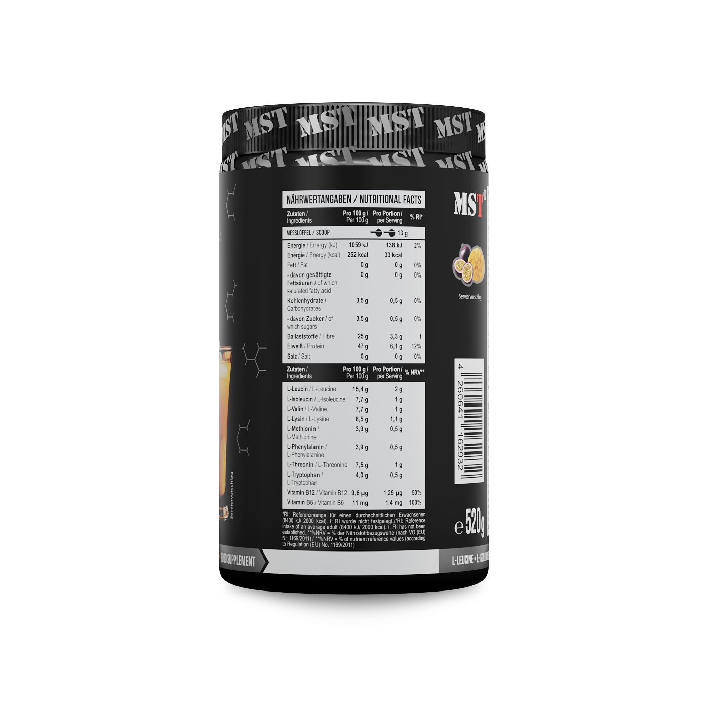 Schwarzer Behälter mit Nährwertangaben und Aminosäureprofil. Enthält 520g.