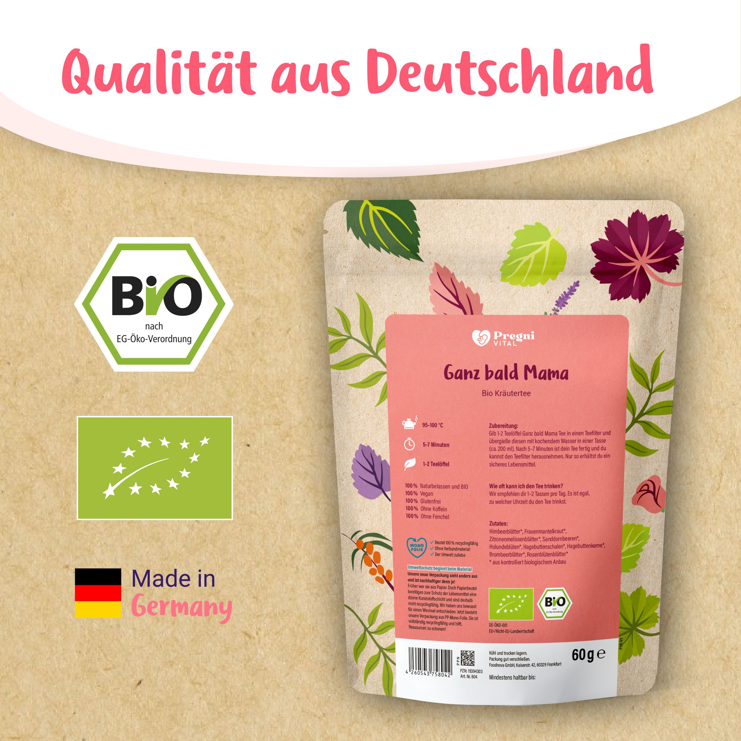 PregniVital Bio Kräutertee "Ganz bald Mama" Beutel mit BIO-Siegel, EU-Bio-Logo, Deutschlandflagge und "Made in Germany".