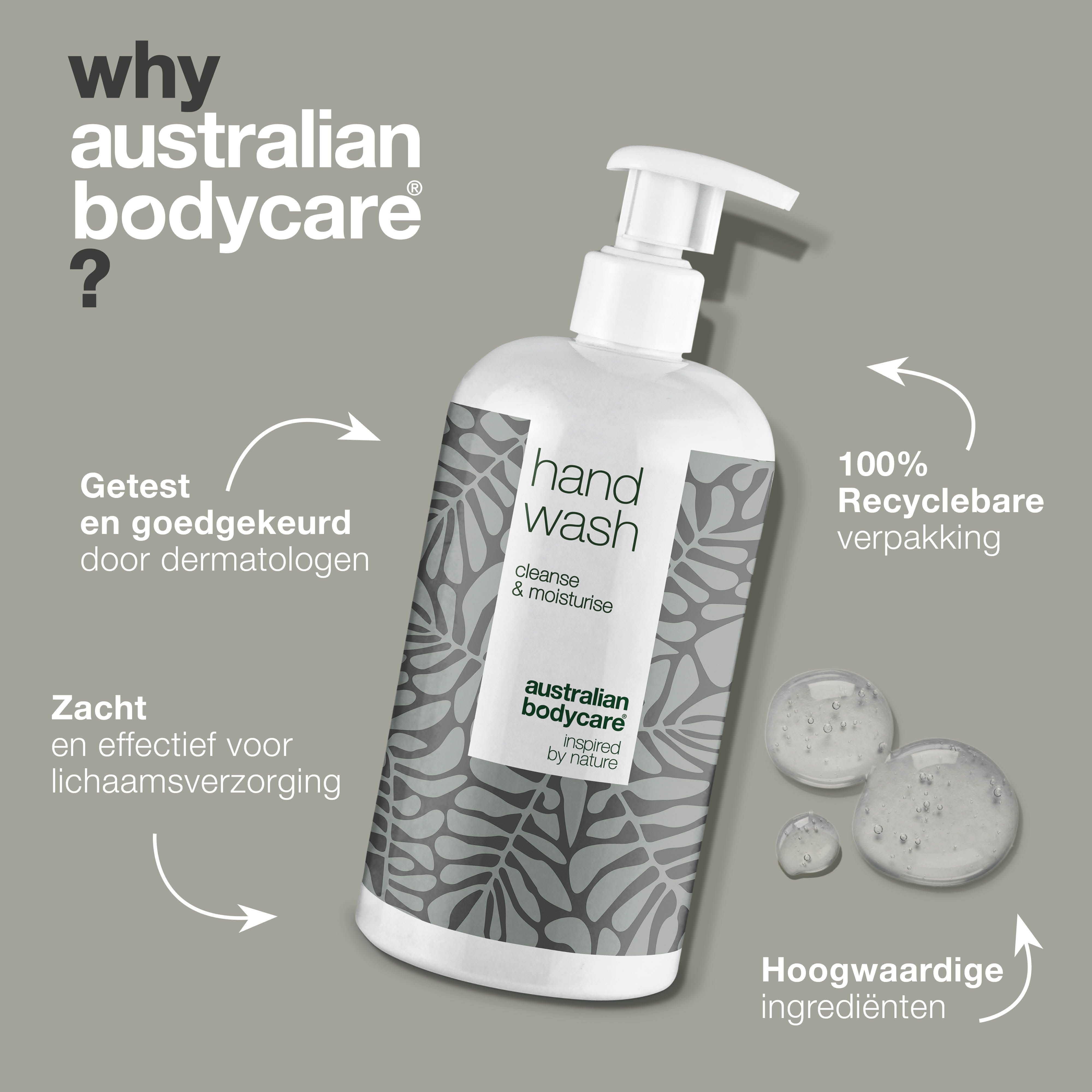 Handzependispenser. Opschrift: Hand Wash, cleanse & moisturise, Australian Bodycare. Tekst: Voor dagelijkse reiniging, etc.
