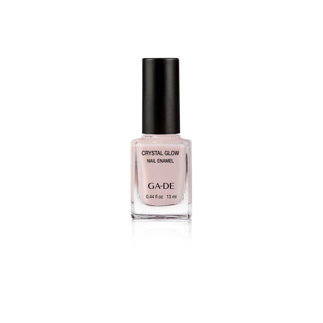 Ga-De Crystal Glow Nagellack. Flasche mit rosafarbenem Lack, schwarzem Deckel. Aufschrift: Crystal Glow, Nail Enamel, GA-DE, 0.44 fl oz, 13 ml.