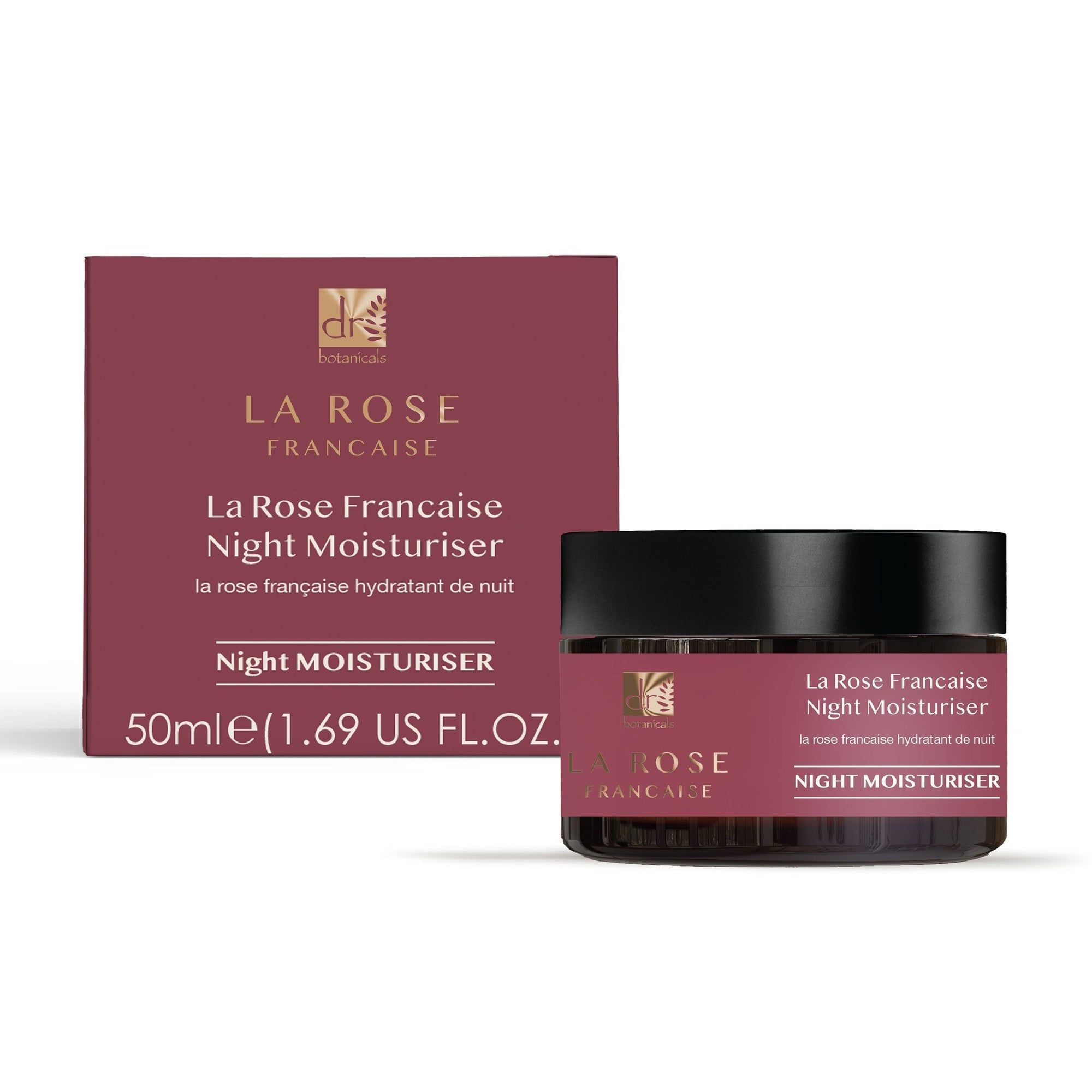 Tiegel mit Nachtfeuchtigkeitscreme und Verpackung. Aufschrift: La Rose Francaise, Night Moisturiser.
